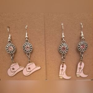 Western 2 Pair Earring Bundle Set, Boots, Hats And Bling Pale Pink